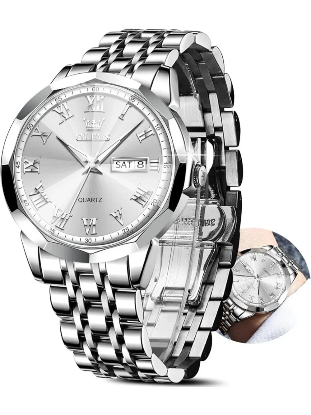 Men's All Silver Stainless Steel Luminous Quartz Waterproof Round Classic Watch